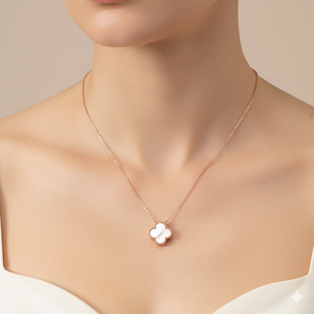 Rose Gold Clover Necklace | Reversible Black & White Mother Of Pearl Pendant | 925 Silver Good Luck Jewelry : ZIRAK-Pendant-111
