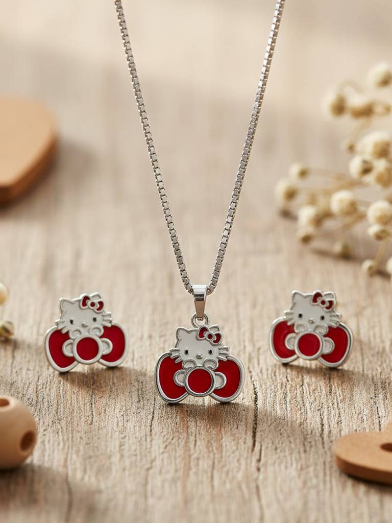 925 Siller 925 Pure Silver Hello Kitty Inspired Chain Pendant Set
