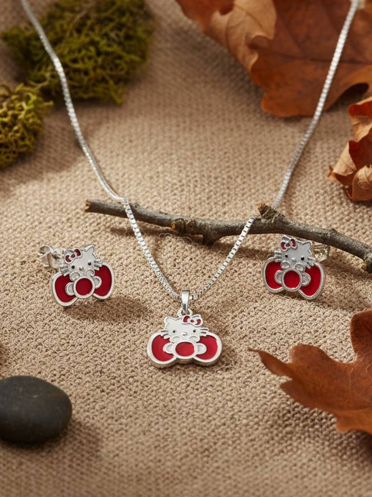 925 Siller 925 Pure Silver Hello Kitty Inspired Chain Pendant Set