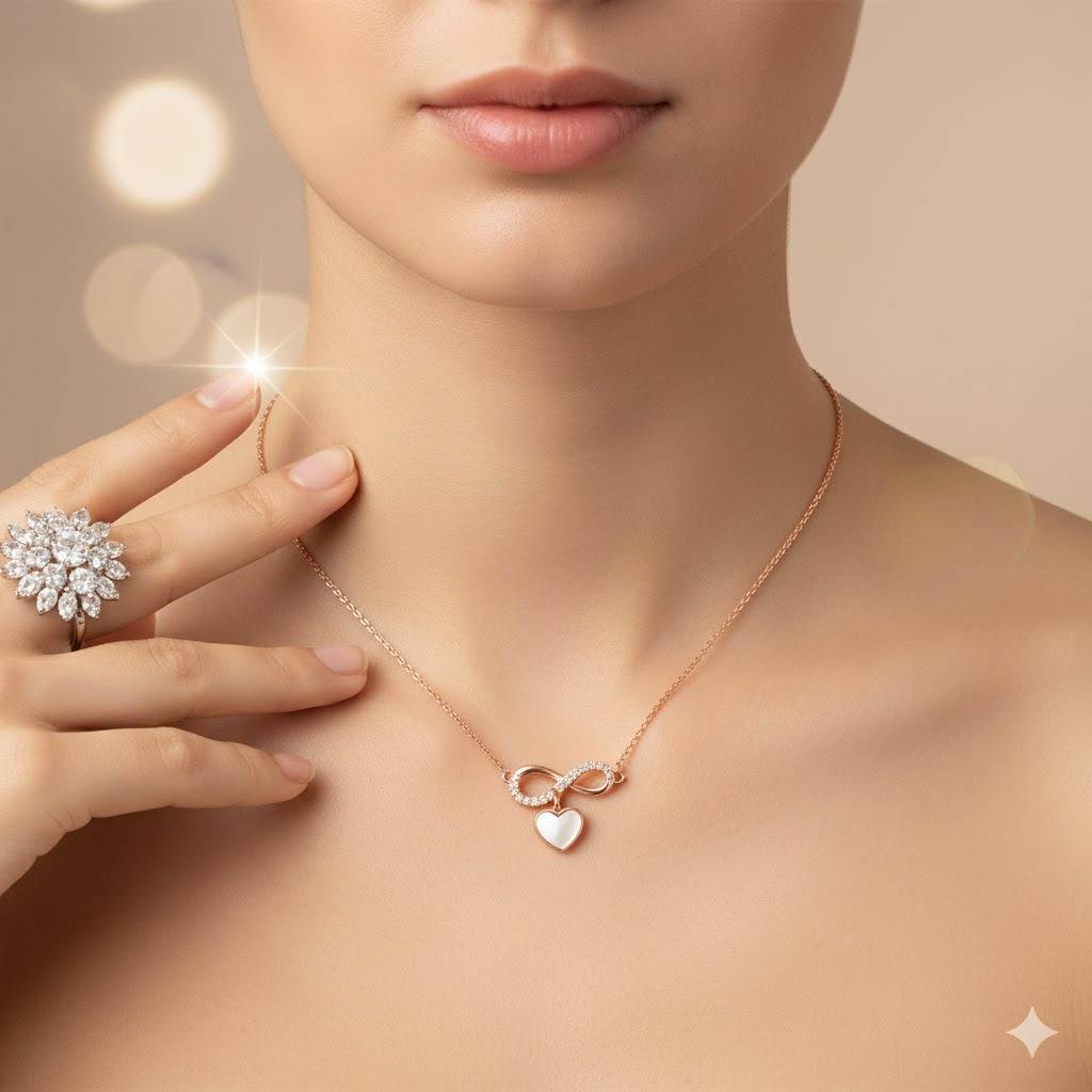 Rose Gold Infinity Heart Necklace | 925 Silver Pendant With Cz & Mother Of Pearl | Symbol Of Endless Love : ZIRAK-Pendant-112