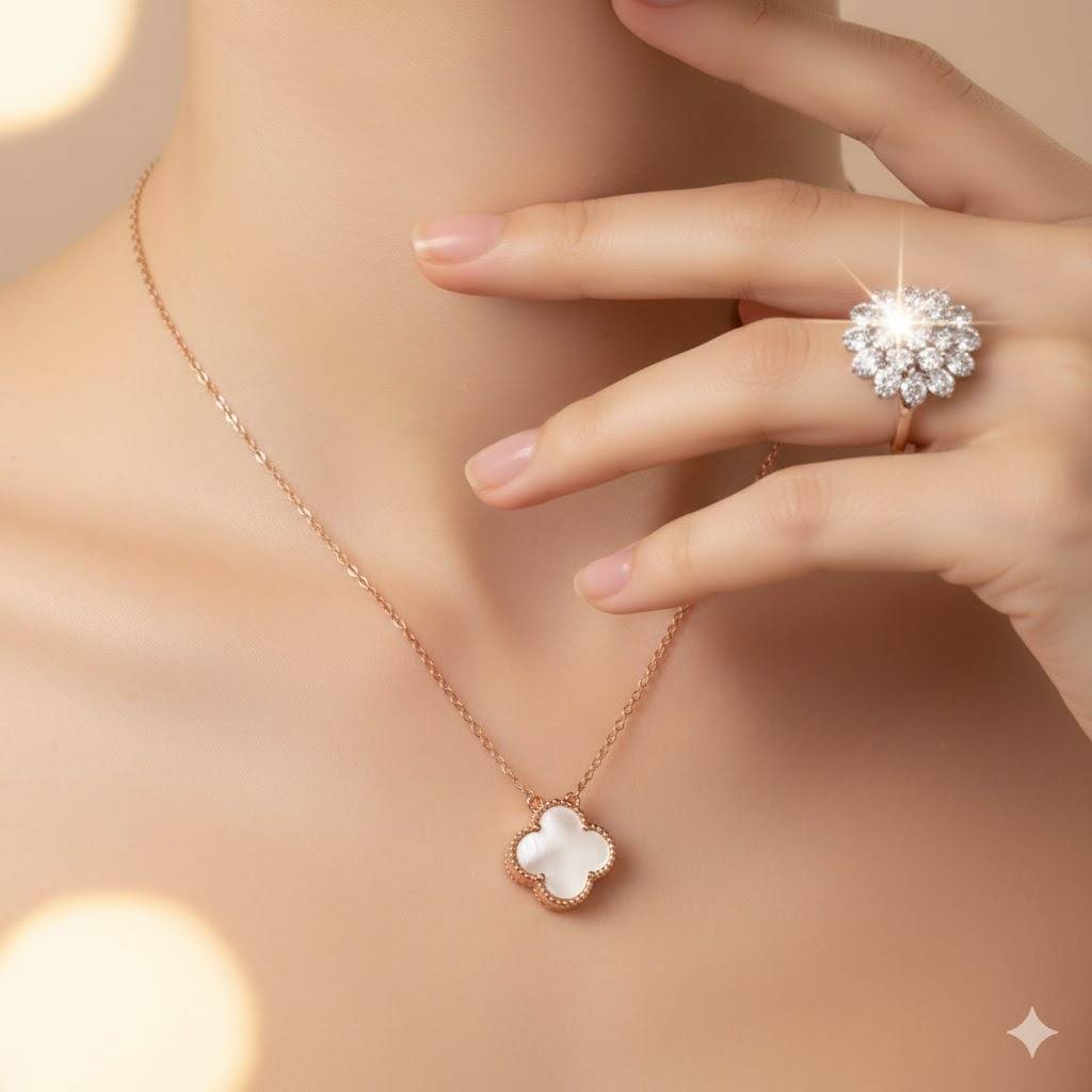 Rose Gold Clover Necklace | Reversible Black & White Mother Of Pearl Pendant | 925 Silver Good Luck Jewelry : ZIRAK-Pendant-111