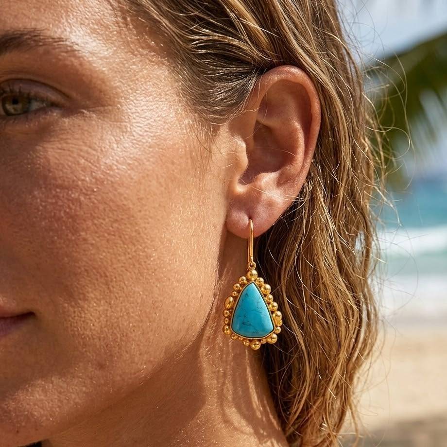 Gold Plated Natural Turquoise Pebble Drop Earrings : AWE-411