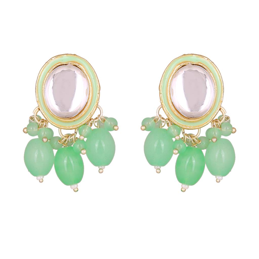 Estele Gold Plated Beautiful Kundan Gehena Drop Earrings With Mint Green Beads For Women : PJ-001-IGMGER