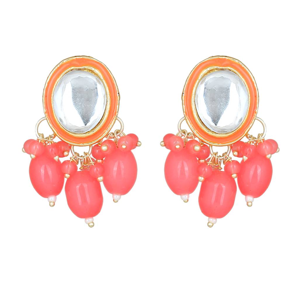 Estele Gold Plated Beautiful Kundan Gehena Drop Earrings With Mint Pink Beads For Women : PJ-001-IGMPER