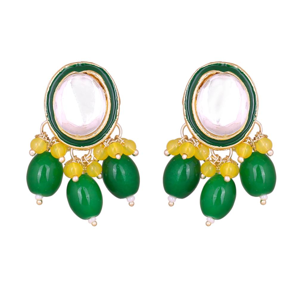 Estele Gold Plated Trendy Kundan Gehena Drop Earrings With Yellow & Green Beads For Women : PJ-001-IGYLGNER