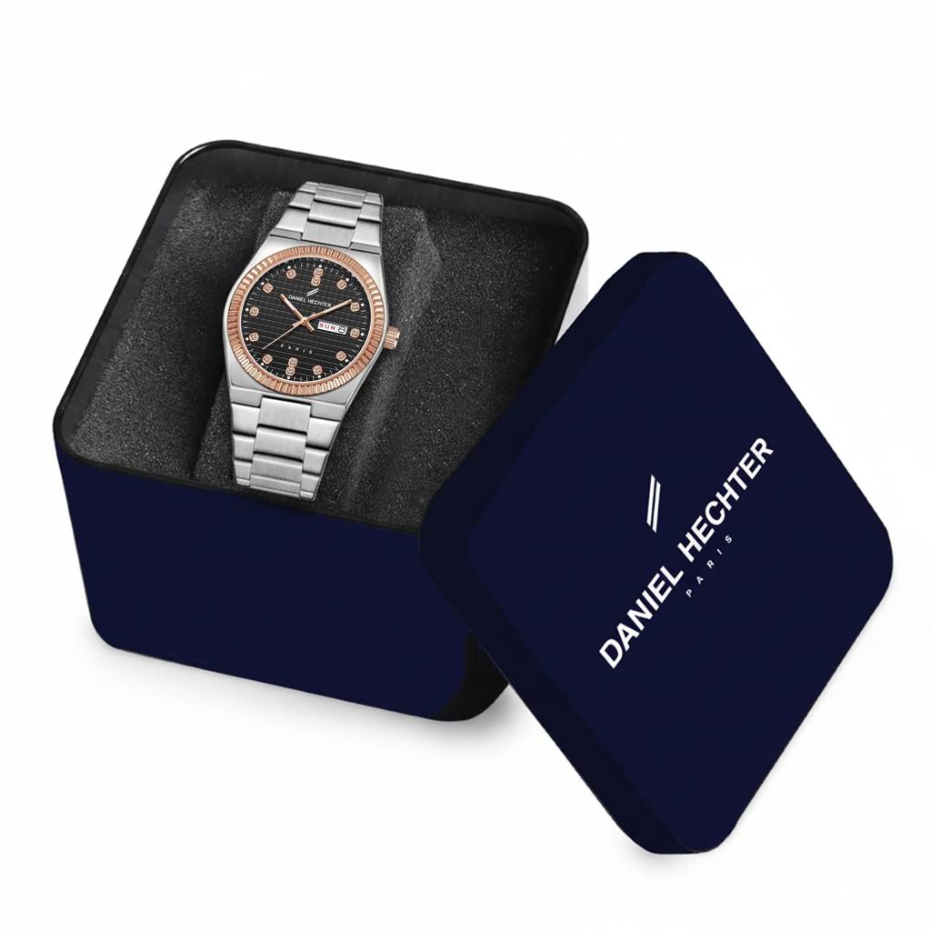 Daniel Hechter Hoche Collection Classic Analog Watch For Men – Textured Dial,Crystal Indices With Fluted Bezel, D : DHM1027-11