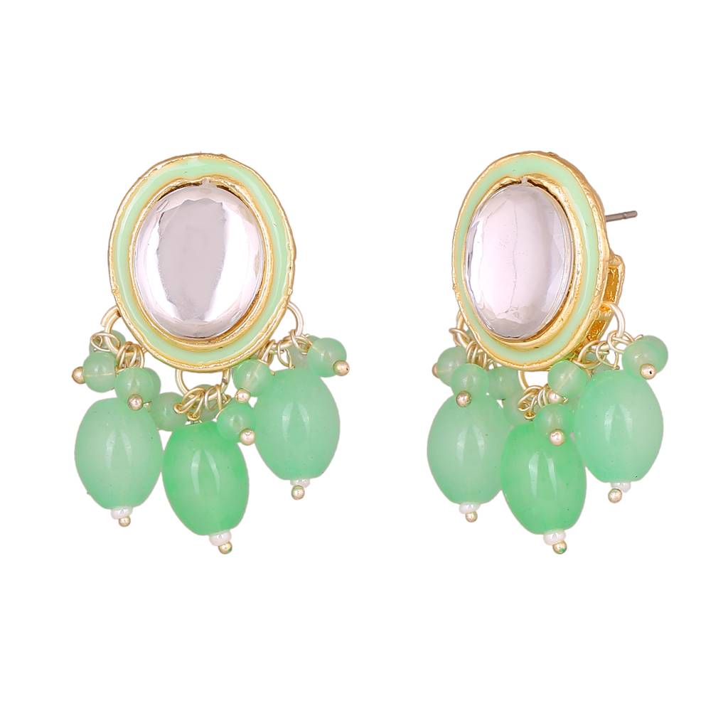 Estele Gold Plated Beautiful Kundan Gehena Drop Earrings With Mint Green Beads For Women : PJ-001-IGMGER