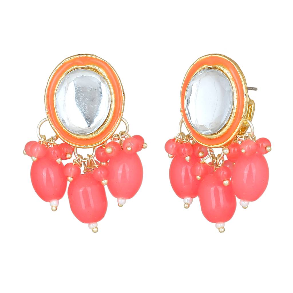 Estele Gold Plated Beautiful Kundan Gehena Drop Earrings With Mint Pink Beads For Women : PJ-001-IGMPER