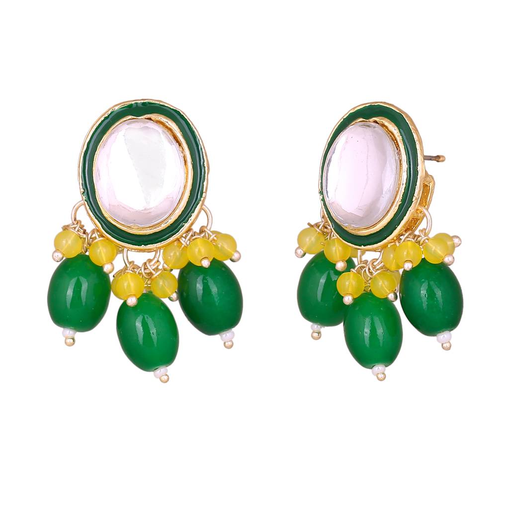 Estele Gold Plated Trendy Kundan Gehena Drop Earrings With Yellow & Green Beads For Women : PJ-001-IGYLGNER