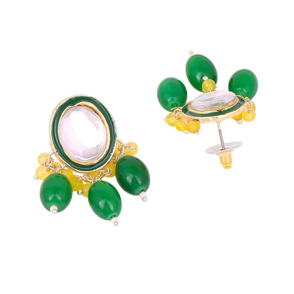 Estele Gold Plated Trendy Kundan Gehena Drop Earrings With Yellow & Green Beads For Women : PJ-001-IGYLGNER