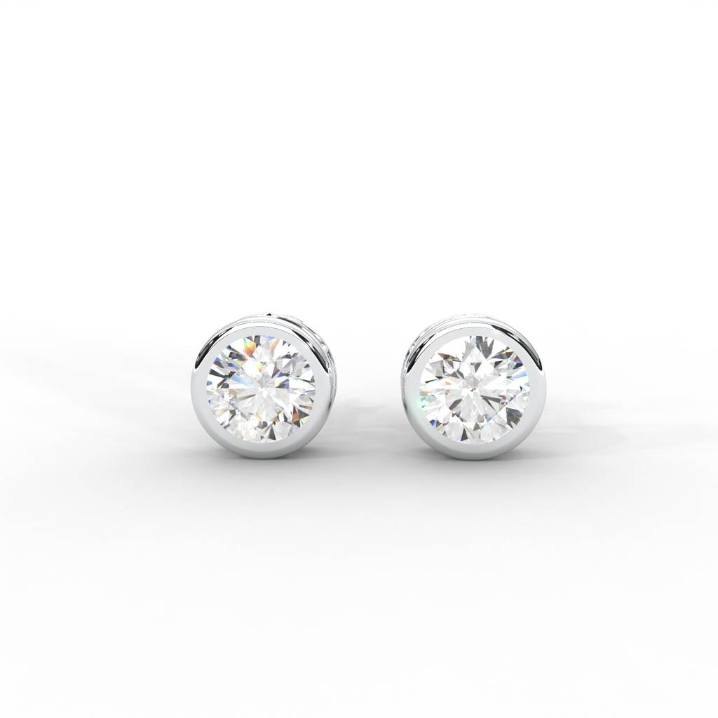 Round Moissanite Bezel Set Stud Earrings - 1 Carat In 14K White Gold Plated : SE-0002