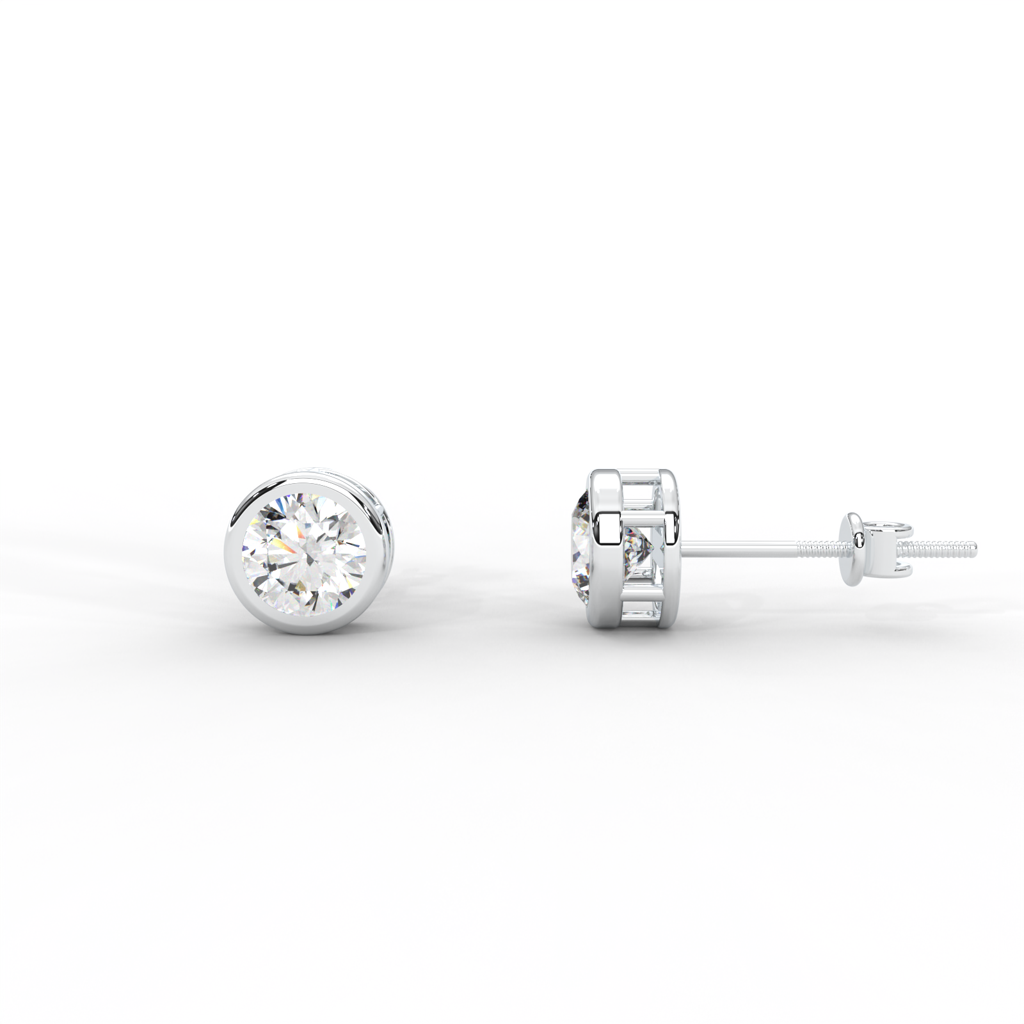 Round Moissanite Bezel Set Stud Earrings - 1 Carat In 14K White Gold Plated : SE-0002