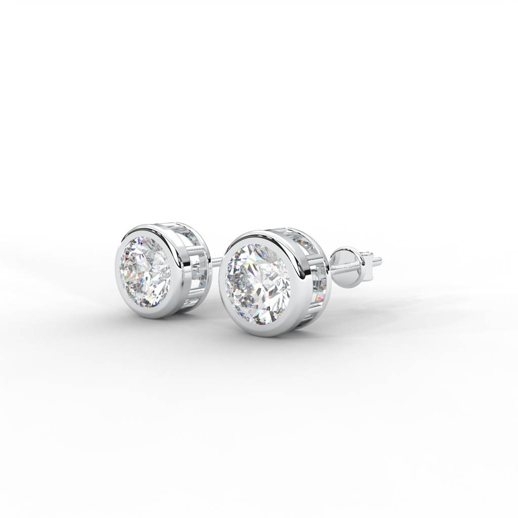Round Moissanite Bezel Set Stud Earrings - 1 Carat In 14K White Gold Plated : SE-0002