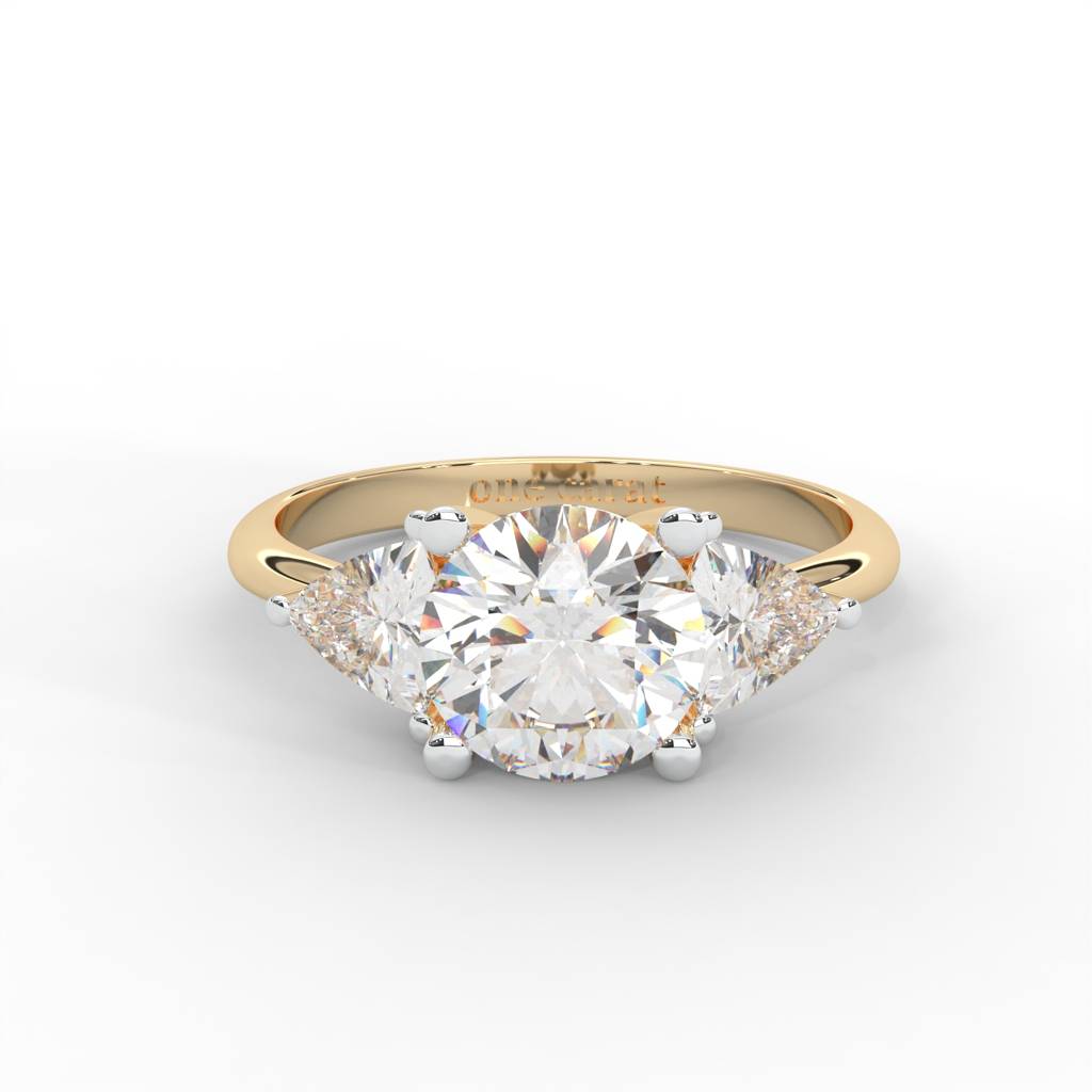 1 Carat Round Moissanite Signature Hearts & Arrows Round Three Stone Ring In 14K Yellow Gold Plated : TSRL-0001-Y-8