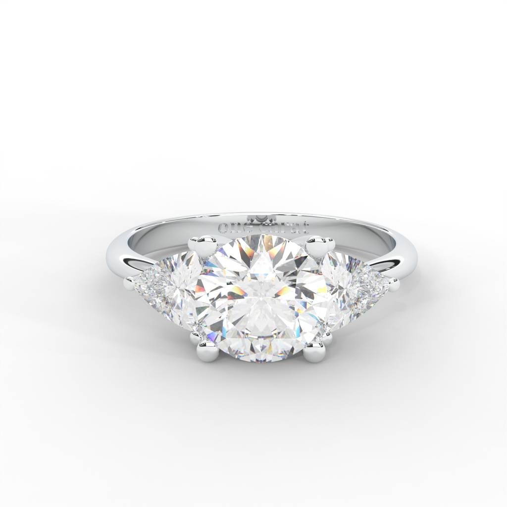 1 Carat Round Moissanite Signature Hearts & Arrows Round Three Stone Ring In 14K White Gold Plated : TSRL-0001-WH-8
