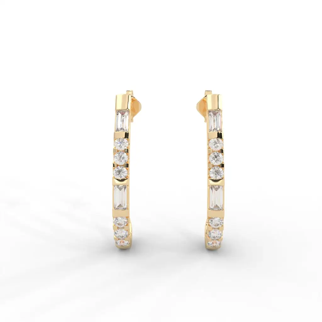0.82 Carat Dew Straight Baguette Moissanite J-Hoop Earrings In 14K Yellow Gold Plated : SE-0010-YG