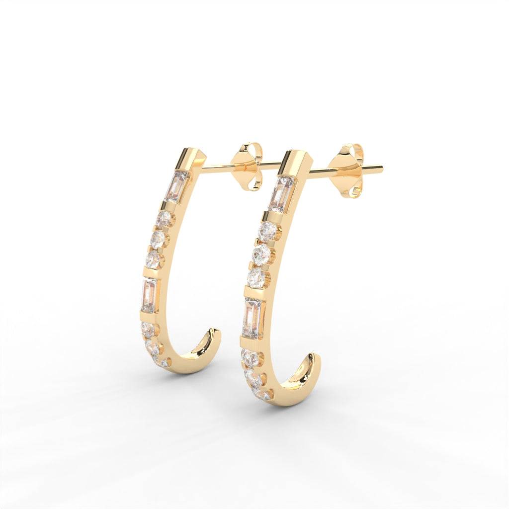 0.82 Carat Dew Straight Baguette Moissanite J-Hoop Earrings In 14K Yellow Gold Plated : SE-0010