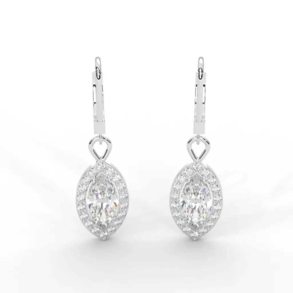 0.95 Carat Marquise Moissanite Halo Drop Earrings In 14K White Gold Plated : SE-0008