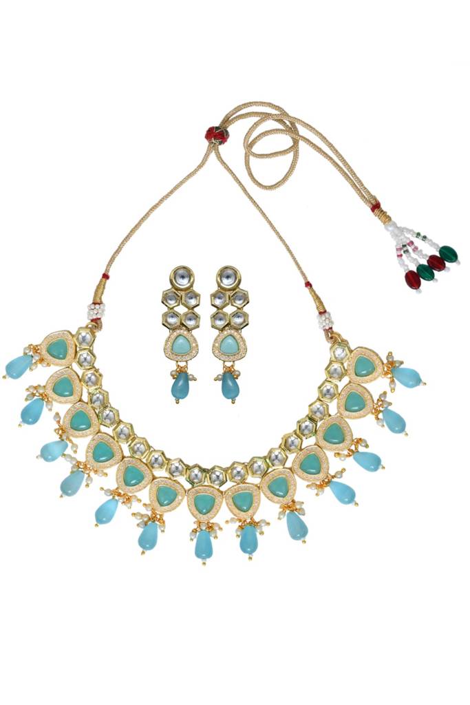 Gold Plated Kundan Necklace Set With Blue Stones : S23MRNKSM62TUR