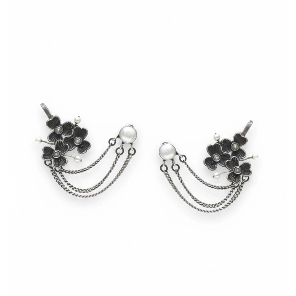 Dulcett India Silver Floral Ear Cuffs : DTINDIAEARCUFFS-01