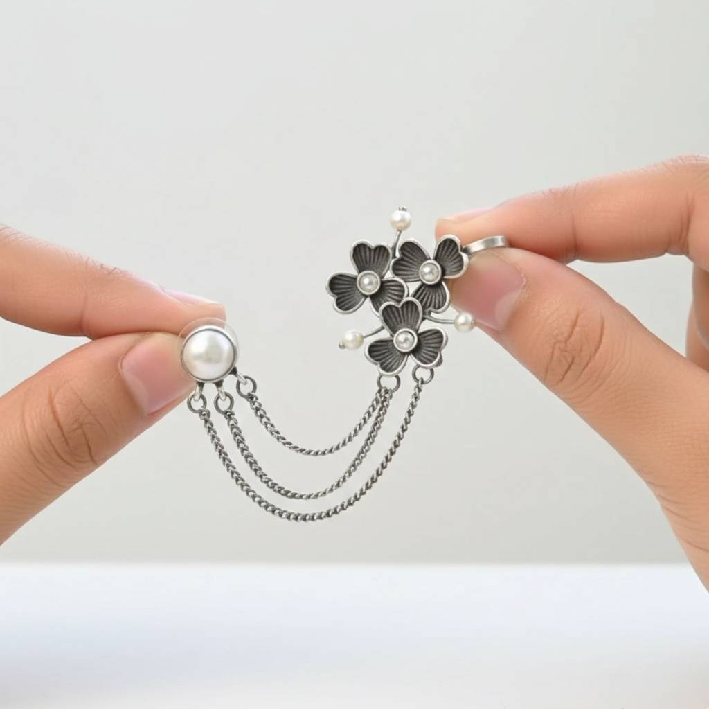 Dulcett India Silver Floral Ear Cuffs : DTINDIAEARCUFFS-01