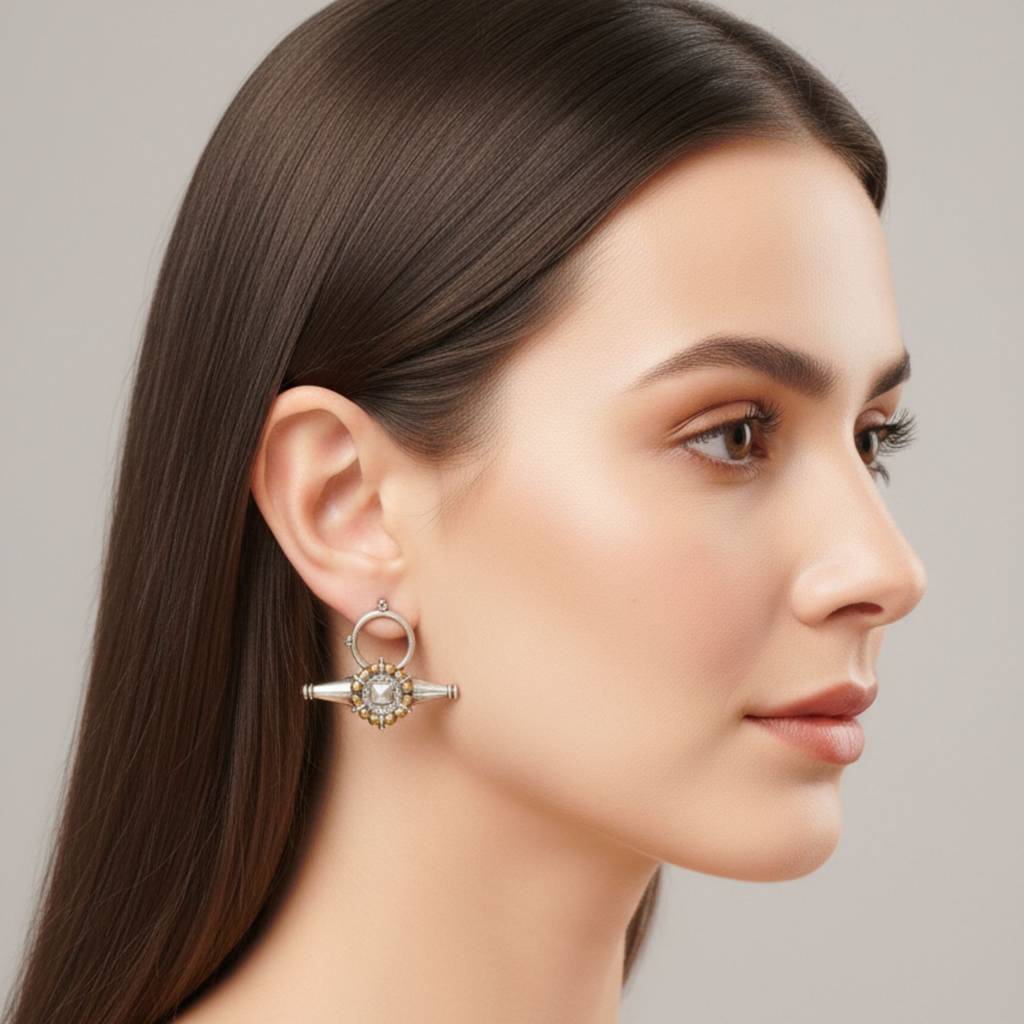 Dulcett India Dual Tone Silver Replica Stud Earrings : DTINDTANTRAER-01