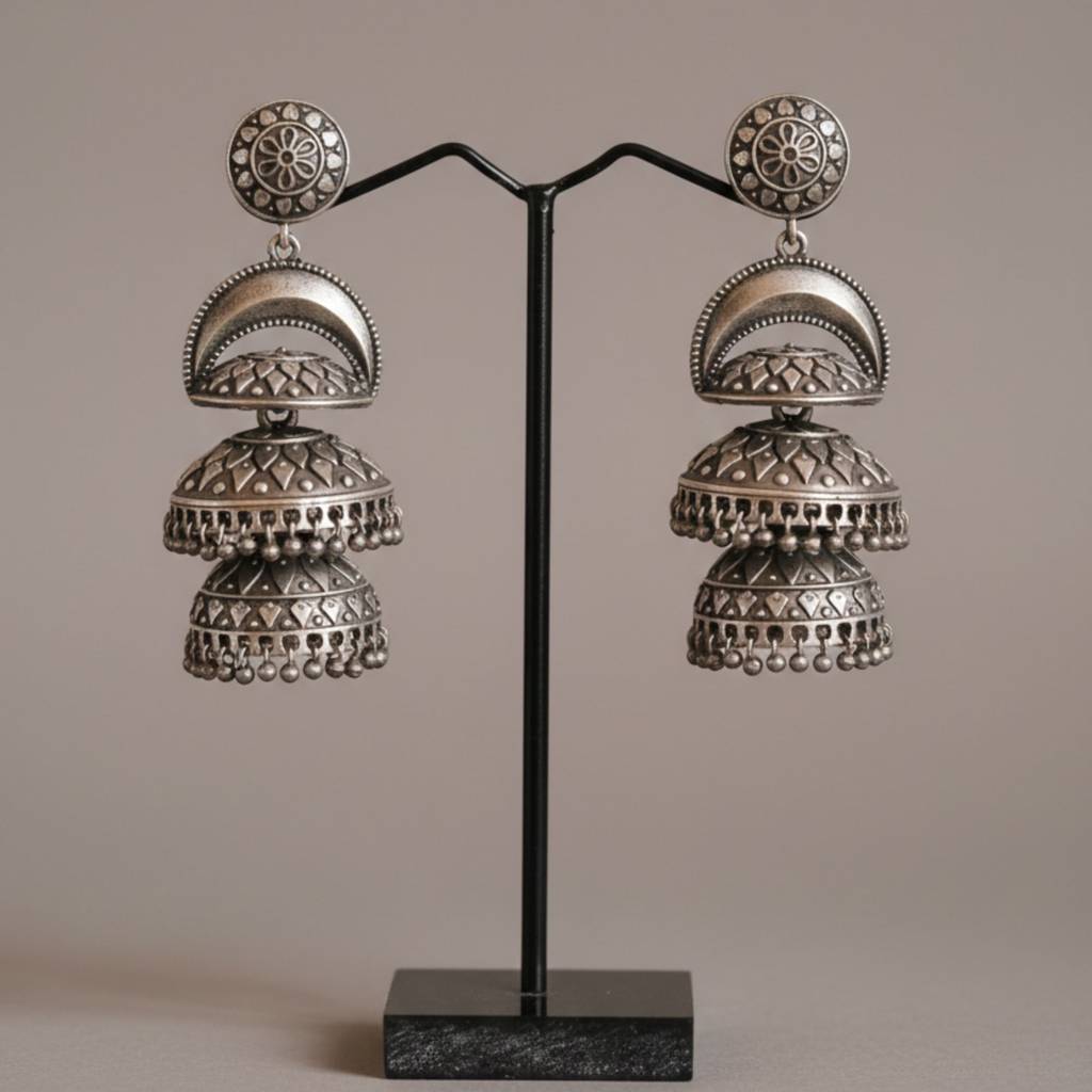 Dulcett India Oxidised Silver Plated Layered Jhumka Earrings : DTINDLAYEREDJHUMKA-01