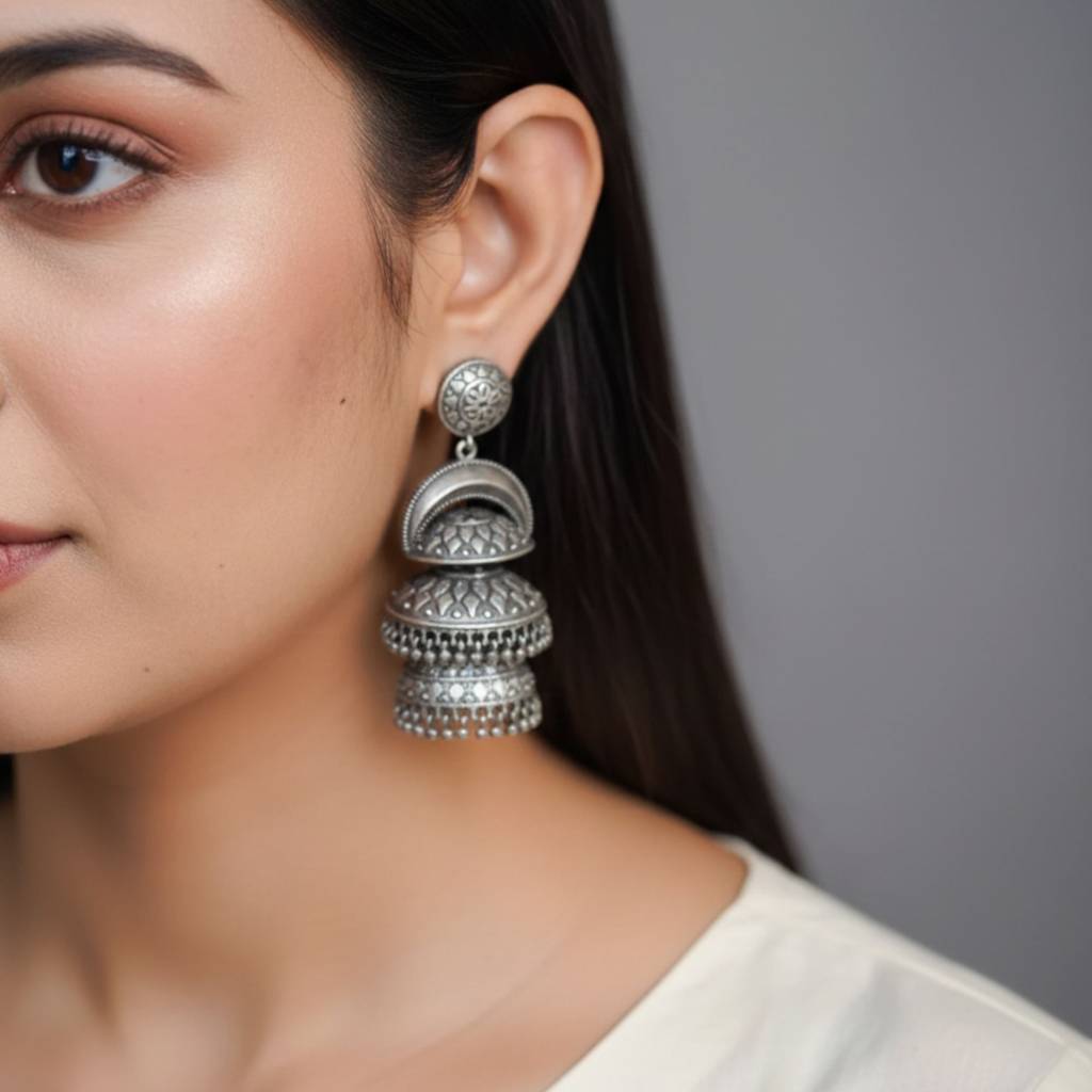 Dulcett India Oxidised Silver Plated Layered Jhumka Earrings : DTINDLAYEREDJHUMKA-01