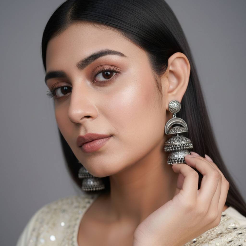 Dulcett India Oxidised Silver Plated Layered Jhumka Earrings : DTINDLAYEREDJHUMKA-01