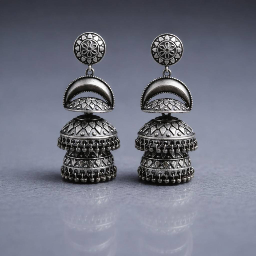 Dulcett India Oxidised Silver Plated Layered Jhumka Earrings : DTINDLAYEREDJHUMKA-01