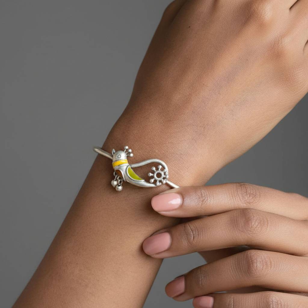 Dulcett Silver Plated Meenakari Work Bird Bracelet For Her : DTINDPAKHICUF-01