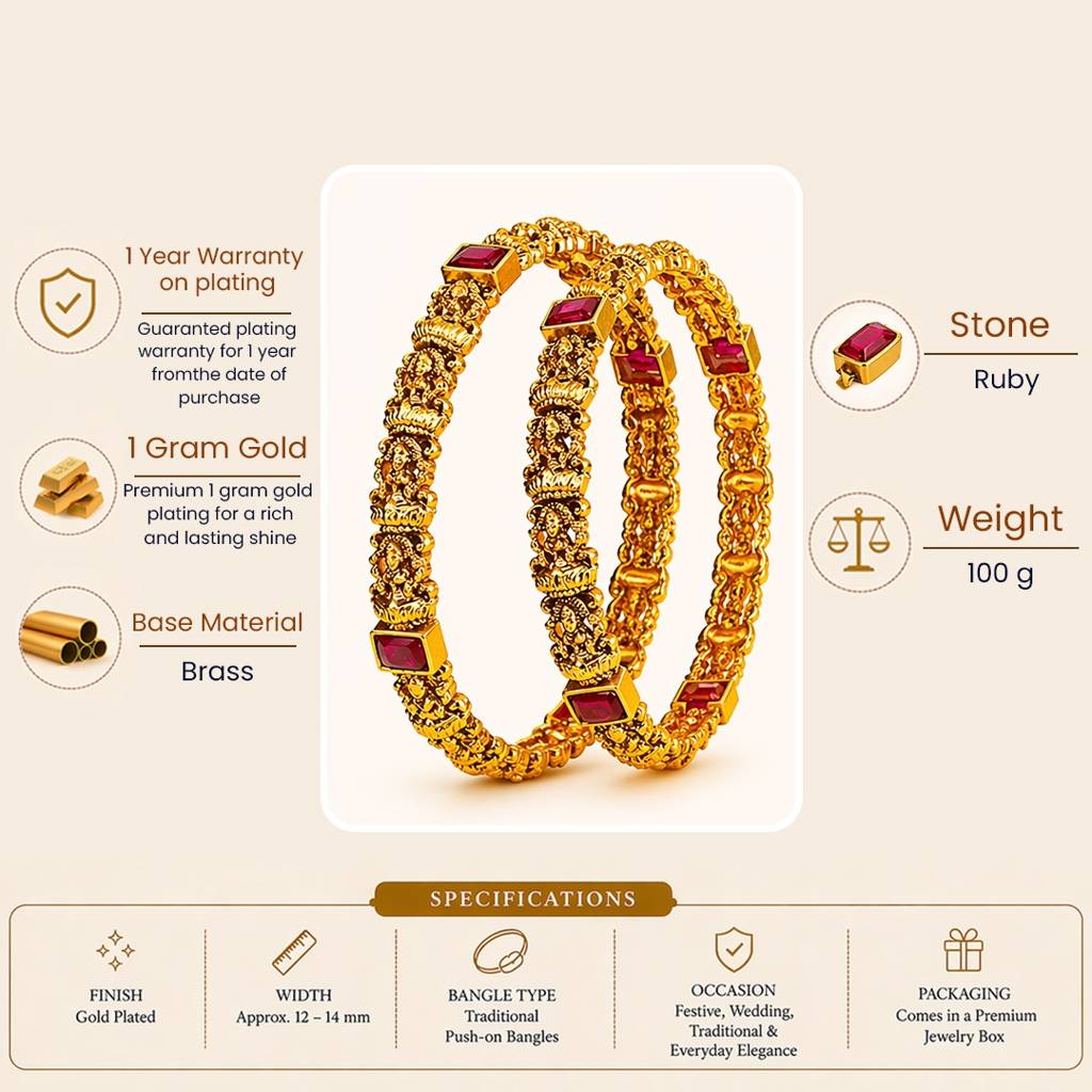 Antique Lakshmi Yali Ruby Temple Paired Bangle Set | 1 Gram Gold-Plated : V-2469