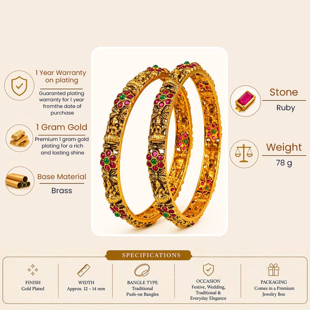 Antique Lakshmi Kemp Ruby Emerald Paired Bangle | 1 Gram Gold-Plated : V-2483