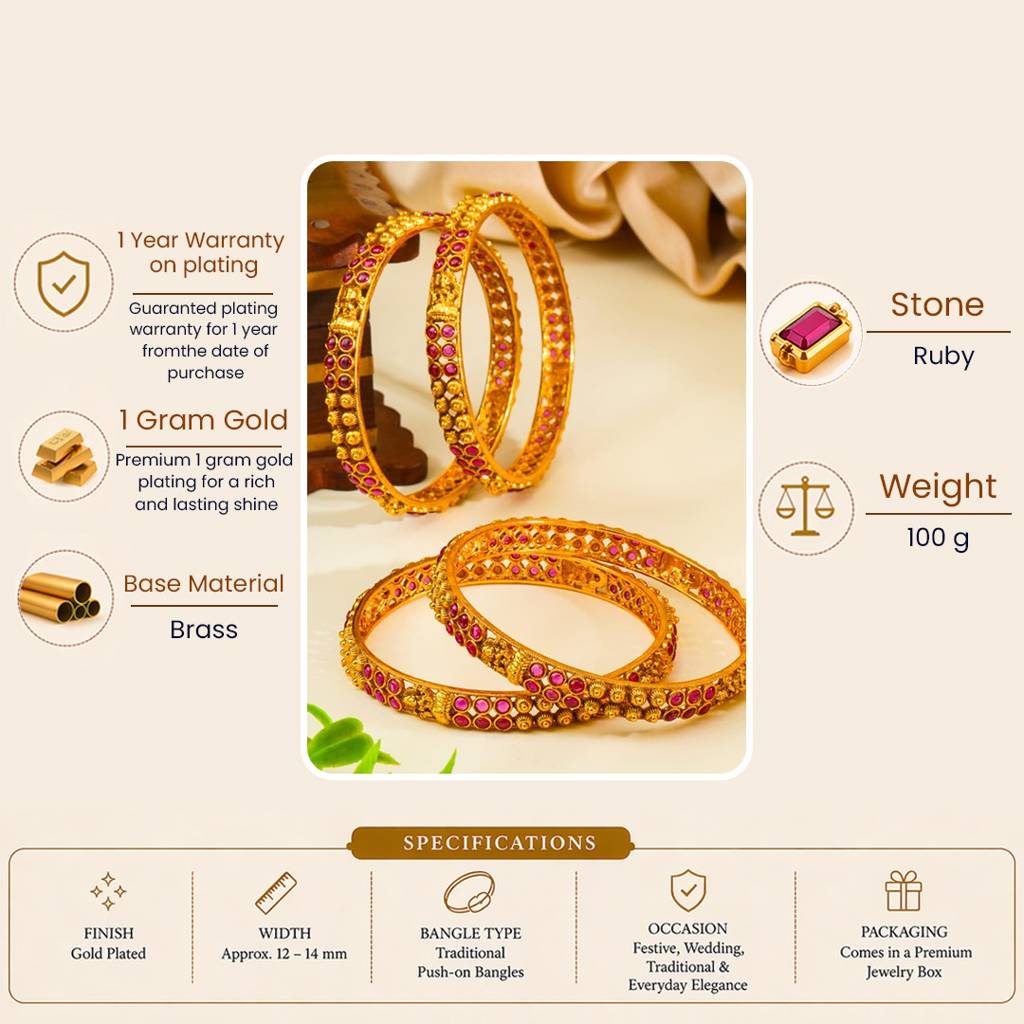 Antique Lakshmi Ruby Sunburst Cutwork Paired Bangle | 1 Gram Gold-Plated : V-2484