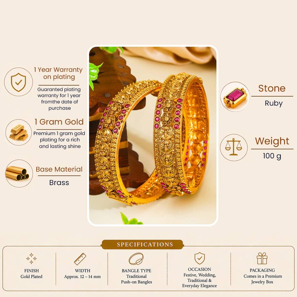 Antique Lakshmi Ruby Dual Row Temple Paired Bangle | 1 Gram Gold-Plated : V-2570