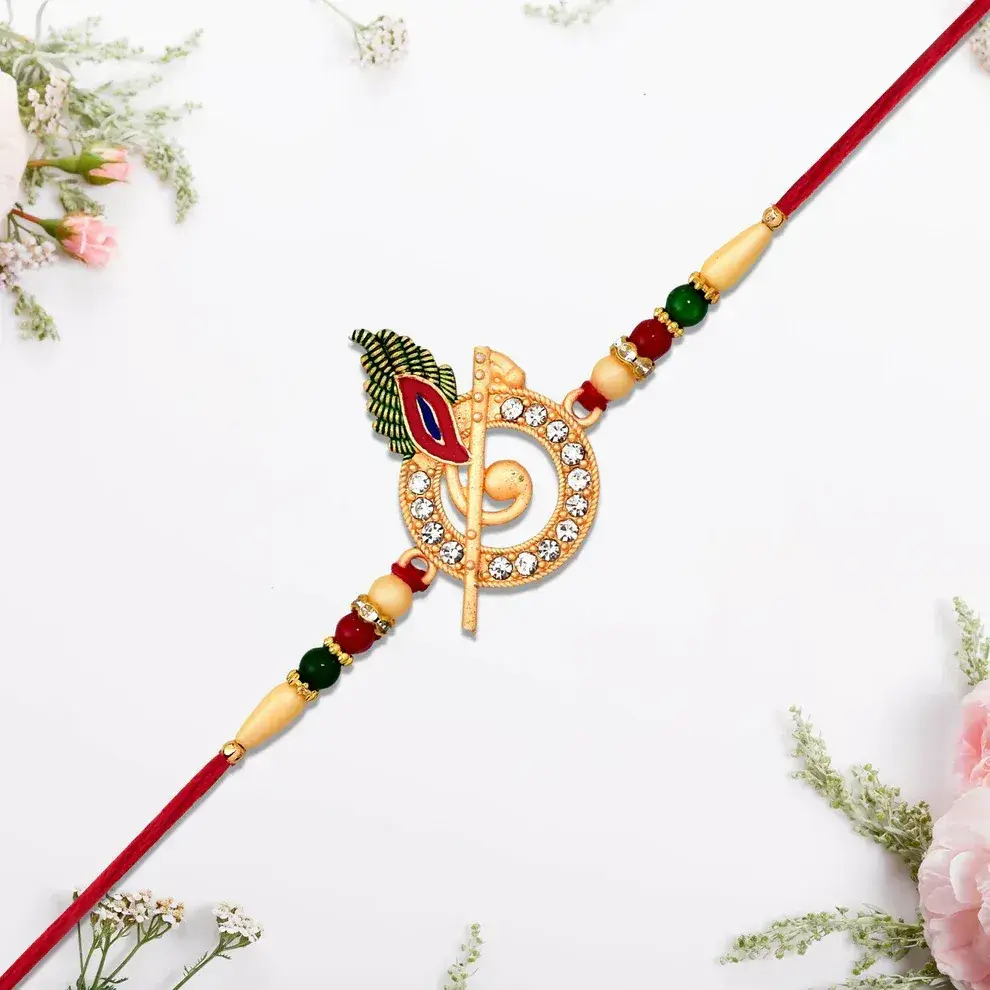 Silver Filigree Rakhi With Red & Green Teardrop Stones : MRR-RAKHI-0035