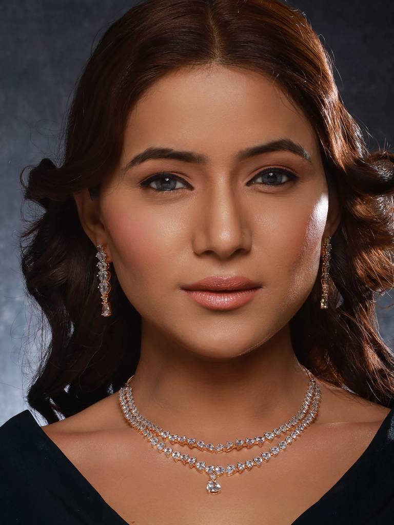 Gold Plated Zircon Studded Double  Lined Pear Shaped Solitaire Bridal Necklace Jewellery Set : SJNK2377