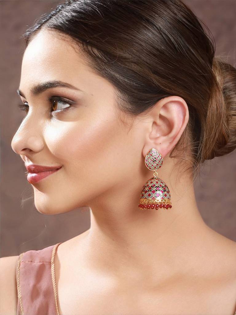 Gold Toned Designer Handpainted Jhumka Earrings : SJER2102