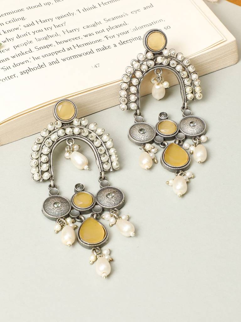 Silver-Plated Contemporary Stone Studded & Beaded Oxidised Drop Earrings : VI24EROX100027