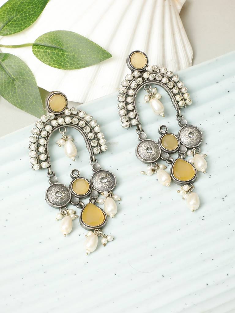 Silver-Plated Contemporary Stone Studded & Beaded Oxidised Drop Earrings : VI24EROX100027