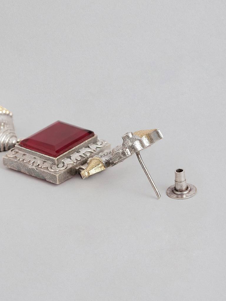Silver & Gold Dual-Plated Oxidised Long Red Stone Contemporary Bird Jhumkas : VI24EROX100029