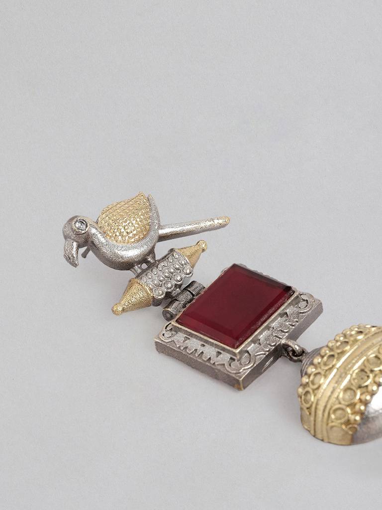 Silver & Gold Dual-Plated Oxidised Long Red Stone Contemporary Bird Jhumkas : VI24EROX100029