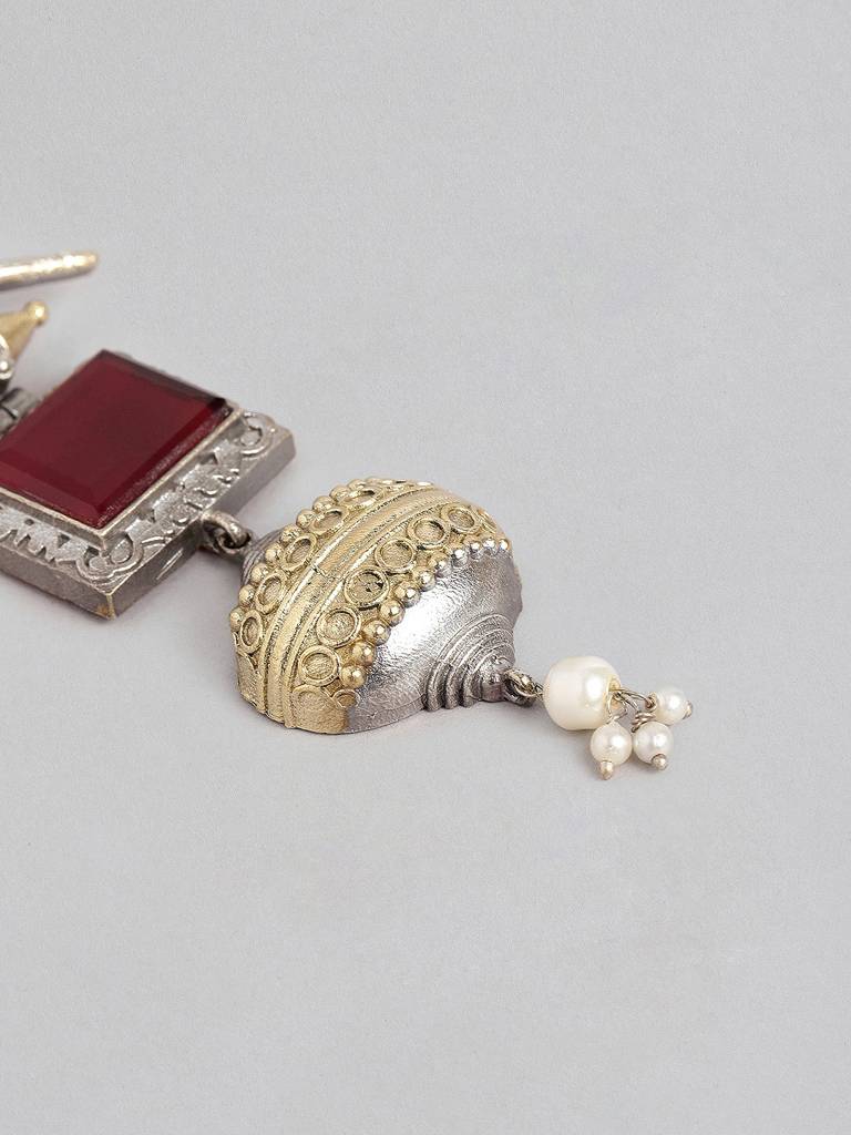 Silver & Gold Dual-Plated Oxidised Long Red Stone Contemporary Bird Jhumkas : VI24EROX100029