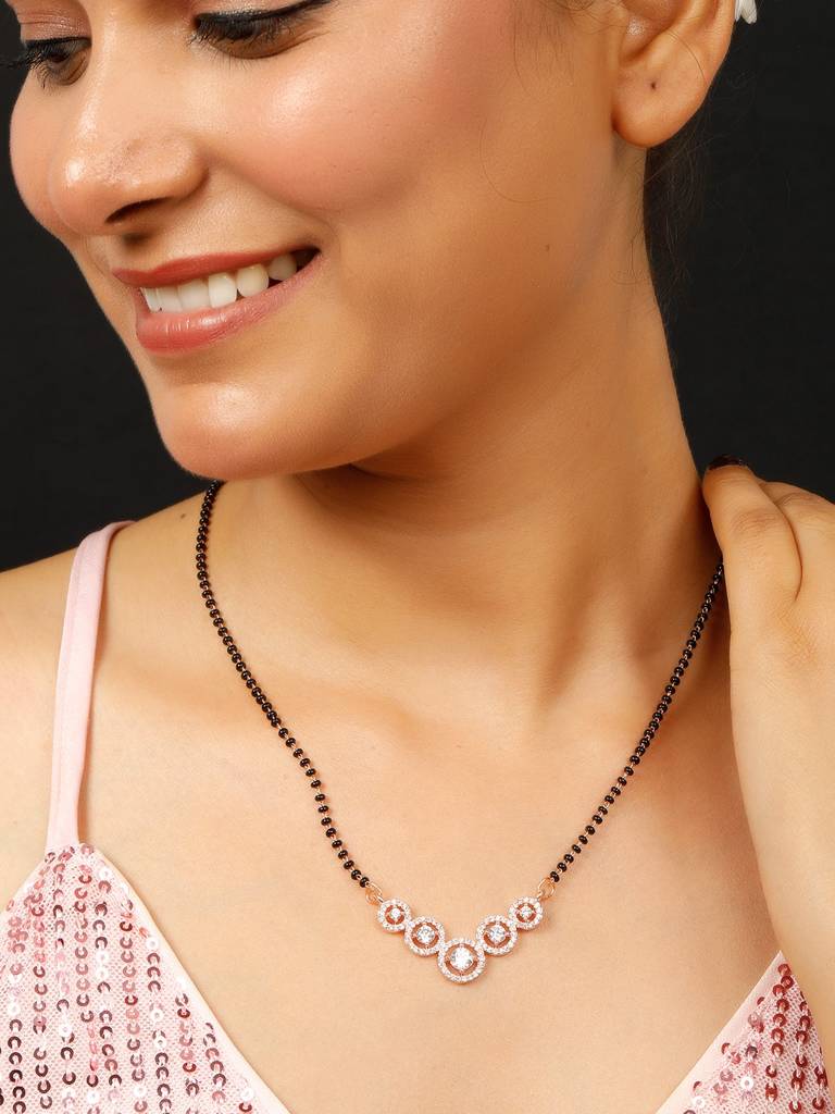 18Kt Rose Gold-Plated Ad With Cz-Stone Studded & Beaded Mangalsutra : VI25MSAD100001