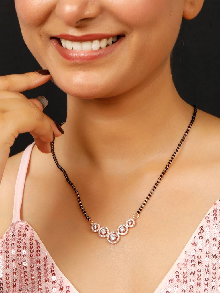 18Kt Rose Gold-Plated Ad With Cz-Stone Studded & Beaded Mangalsutra : VI25MSAD100001