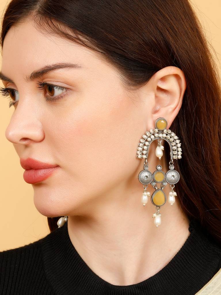 Silver-Plated Contemporary Stone Studded & Beaded Oxidised Drop Earrings : VI24EROX100027