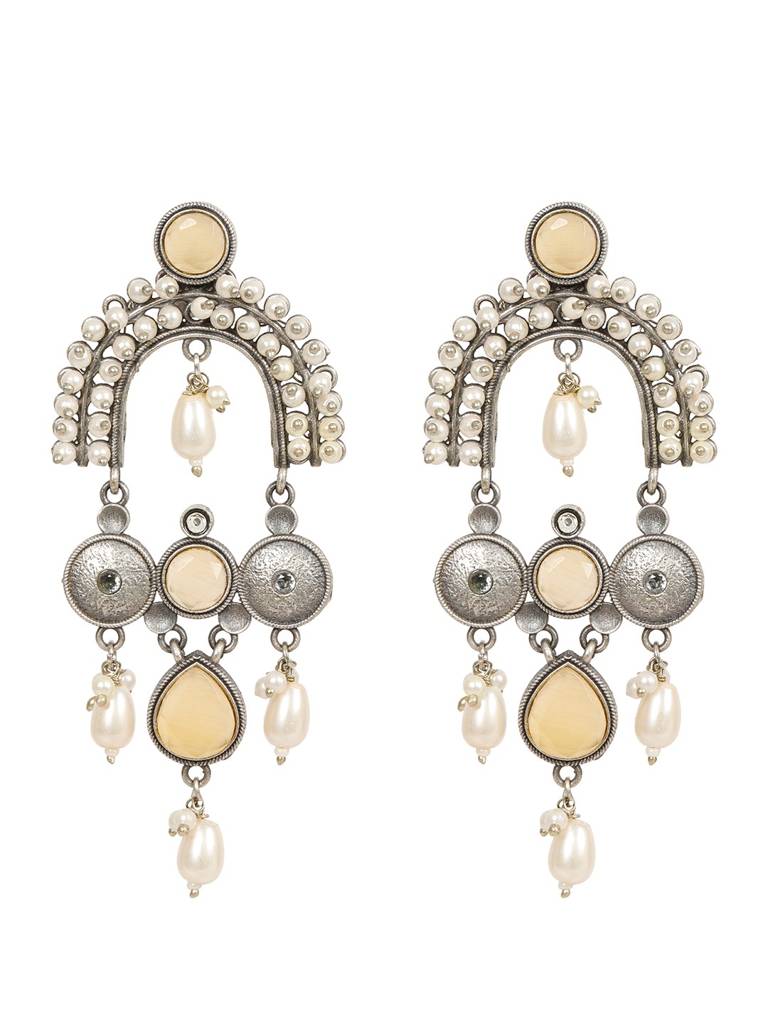 Silver-Plated Contemporary Stone Studded & Beaded Oxidised Drop Earrings : VI24EROX100027