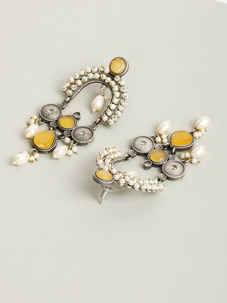 Silver-Plated Contemporary Stone Studded & Beaded Oxidised Drop Earrings : VI24EROX100027