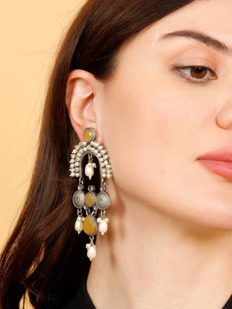 Silver-Plated Contemporary Stone Studded & Beaded Oxidised Drop Earrings : VI24EROX100027