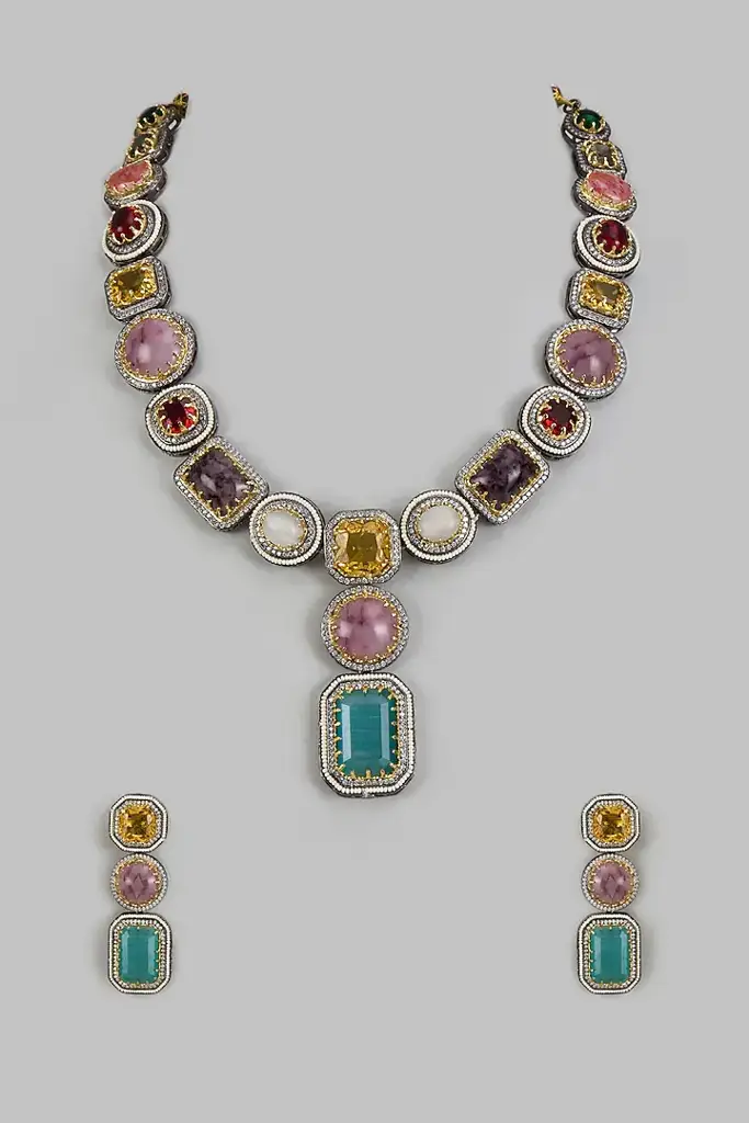 Multicolor Gemstone Statement Necklace Set With Designer Earrings : VN221